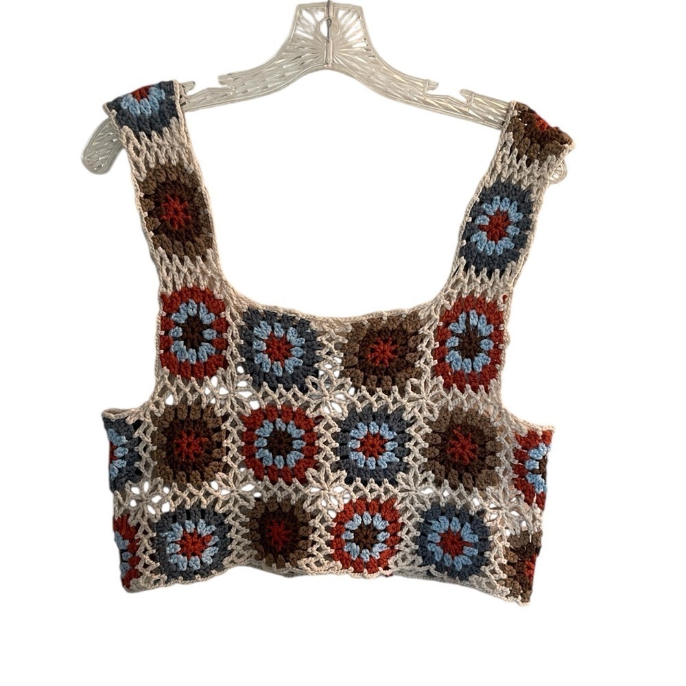 RSQ Granny Square Crochet Crop Tank Medium Boho Festival 70s Retro Floral Top - Picture 2 of 8